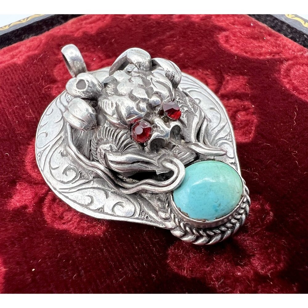 Antique Chinese Tibetan Sterling Silver Turquoise Ornate Dragon Pendant